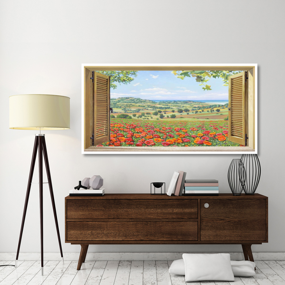 Finestra su campo di papaveri-Paper Art-74&quotx38"
