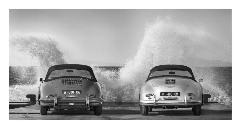 Ocean Waves Breaking on Vintage Beauties (BW)-Paper Art-26"x14"