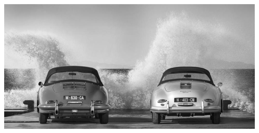 Ocean Waves Breaking on Vintage Beauties (BW)-Paper Art-62"x32"
