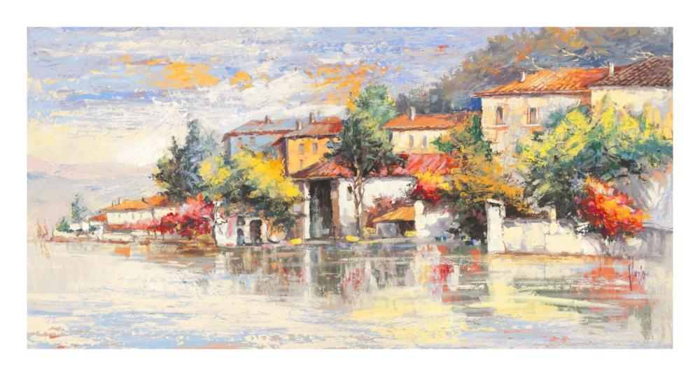 Paese sul lago-Paper Art-26"x14"
