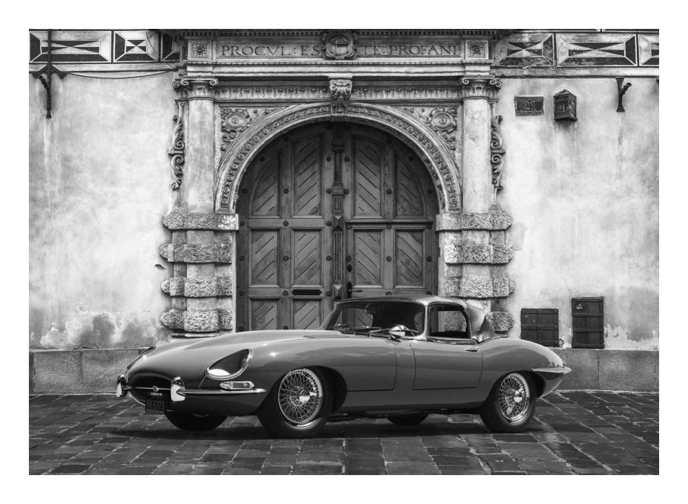 Roadster in front of Classic Palace (BW)-Paper Art-24"x18"