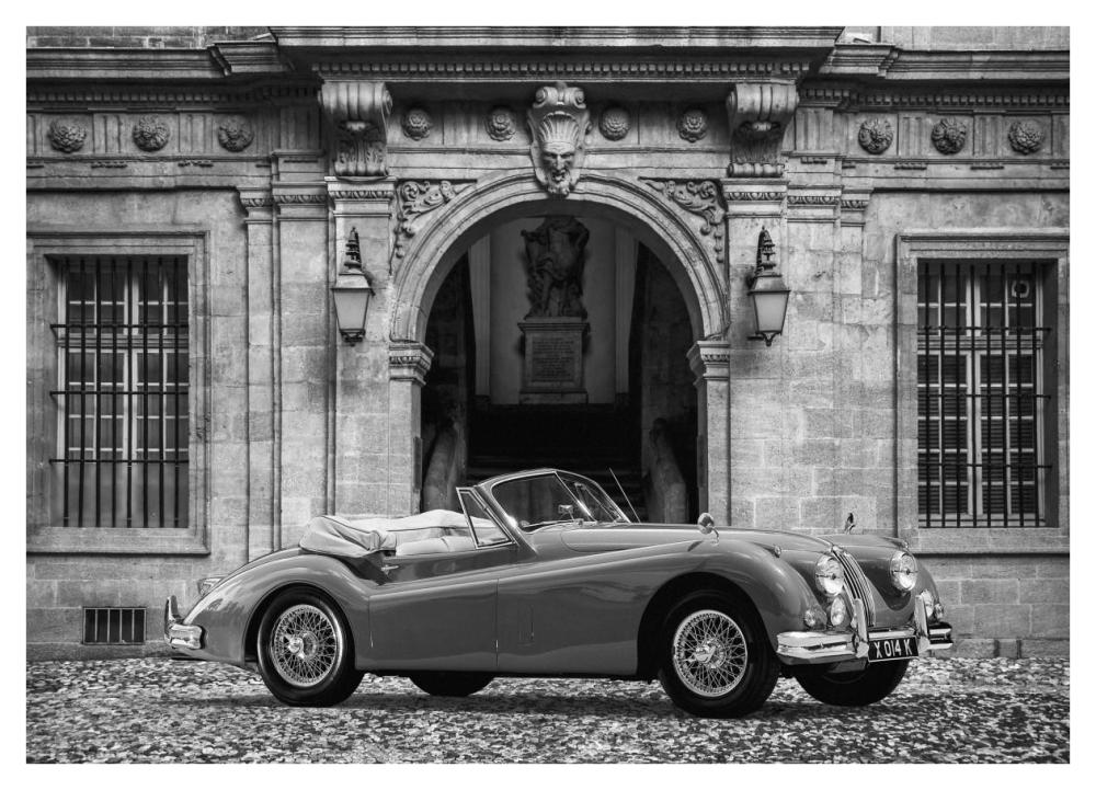 Luxury Car in front of Classic Palace (BW)-Paper Art-42"x30"