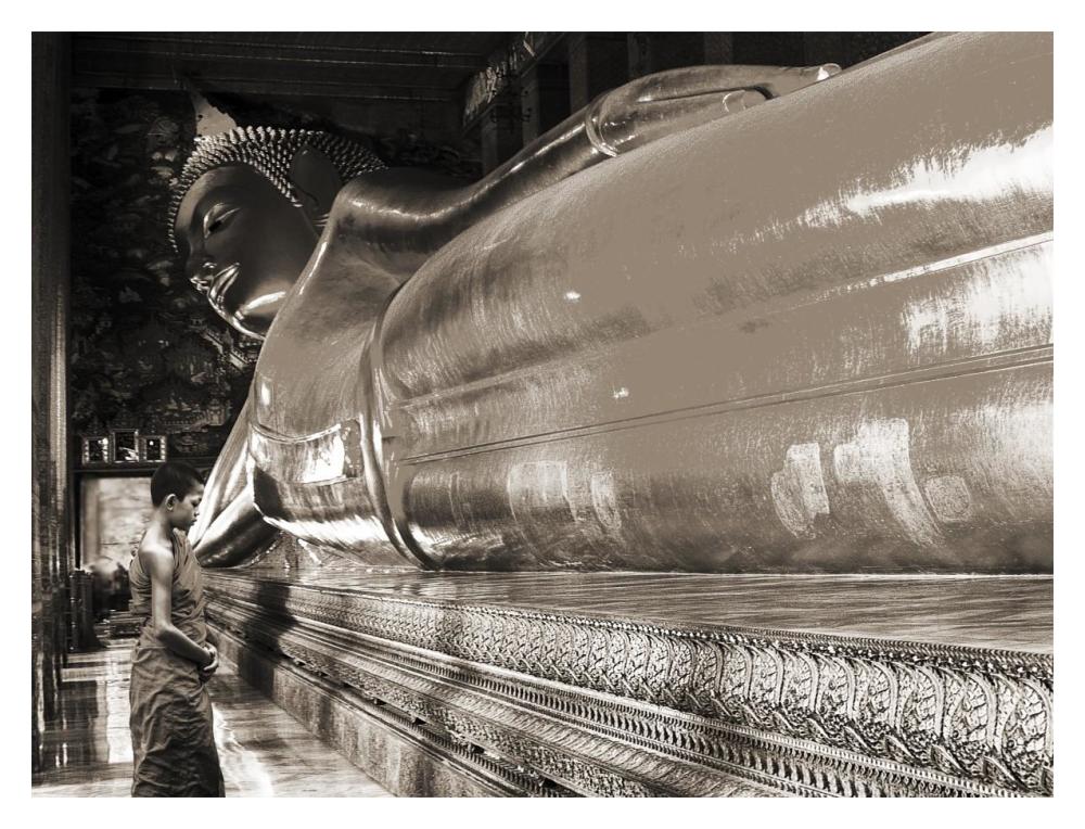 Praying the reclined Buddha, Wat Pho, Bangkok, Thailand (sepia)-Paper Art-18"x14"