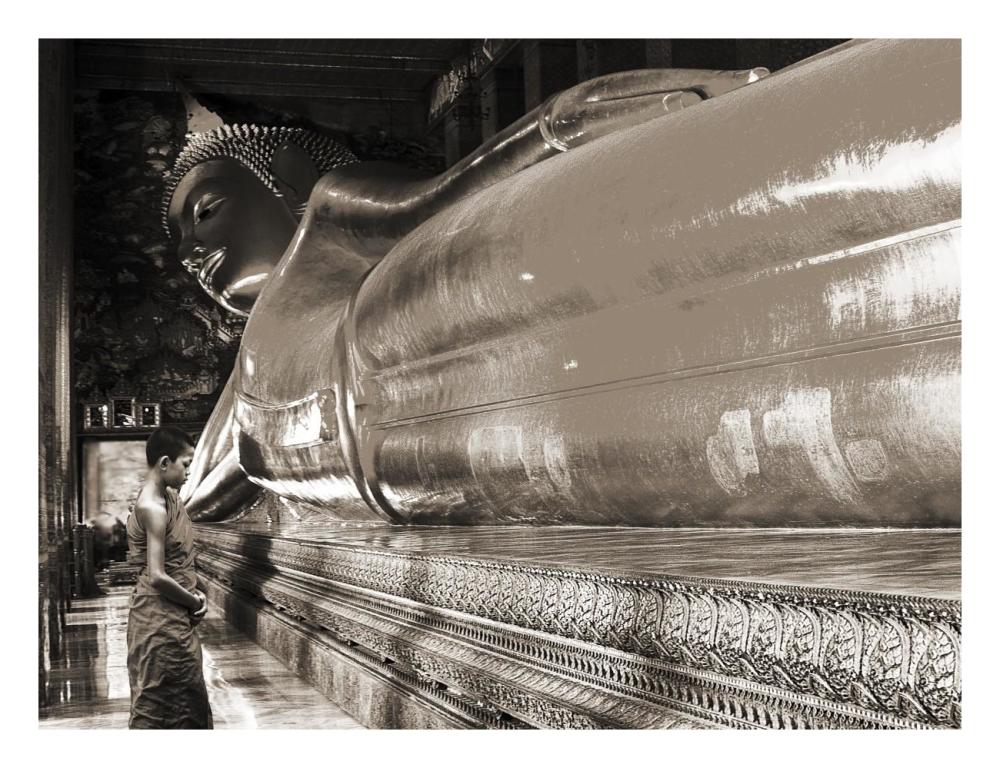 Praying the reclined Buddha, Wat Pho, Bangkok, Thailand (sepia)-Paper Art-26"x20"