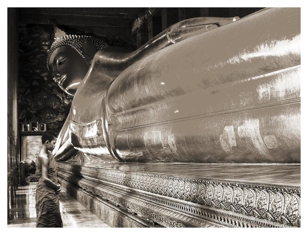 Praying the reclined Buddha, Wat Pho, Bangkok, Thailand (sepia)-Paper Art-42"x32"