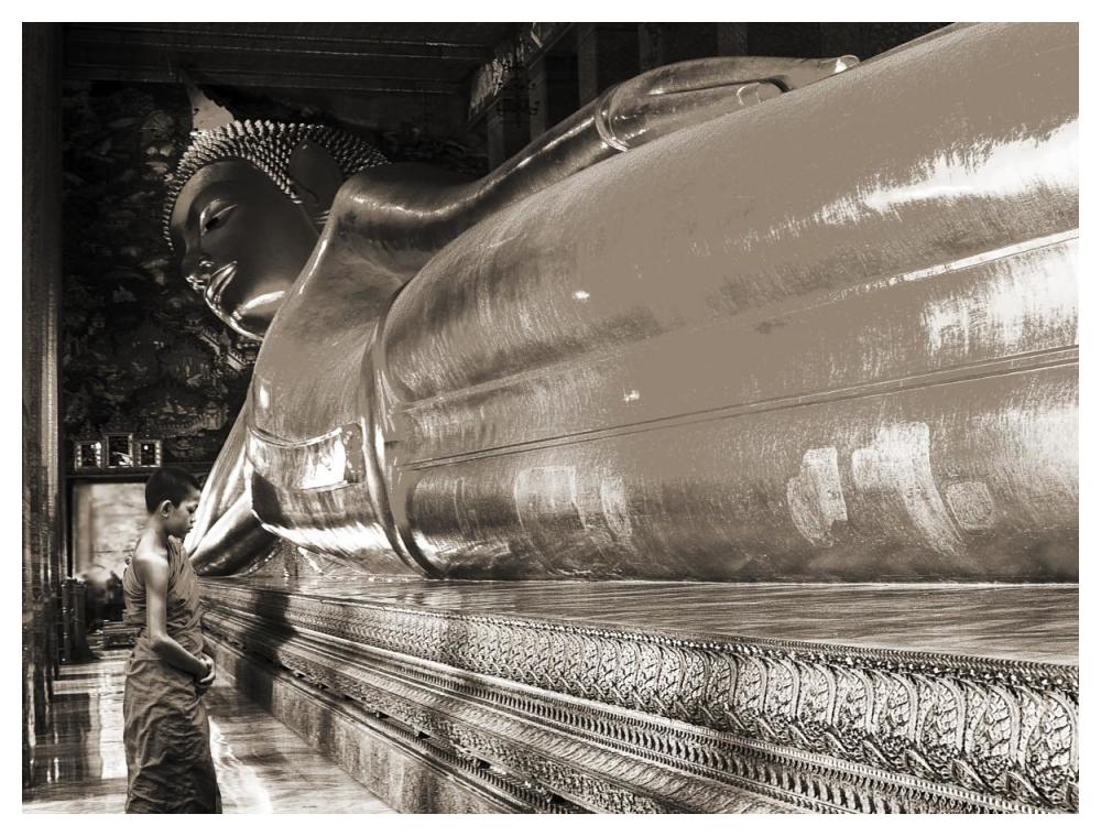 Praying the reclined Buddha, Wat Pho, Bangkok, Thailand (sepia)-Paper Art-50"x38"