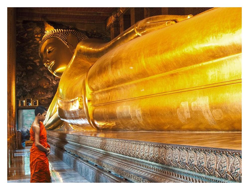 Praying the reclined Buddha, Wat Pho, Bangkok, Thailand-Paper Art-18"x14"