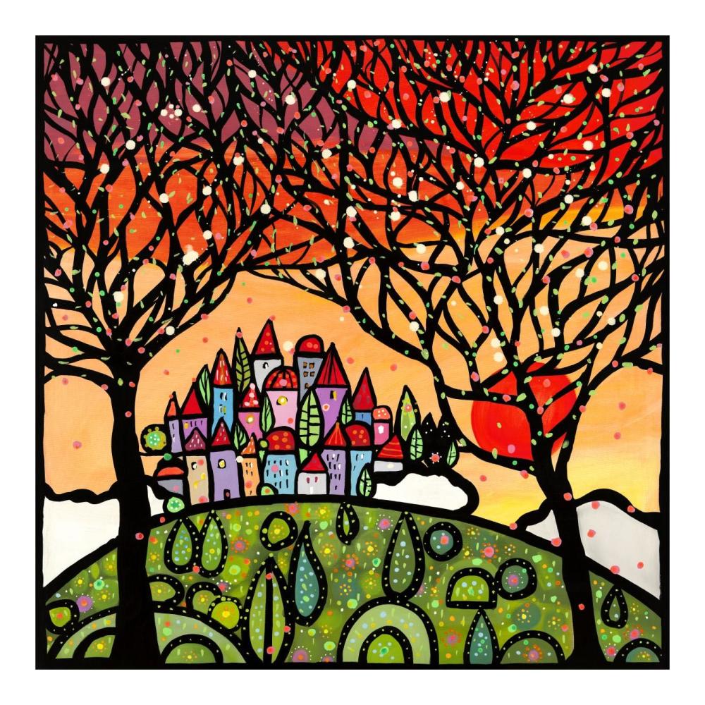 Gli alberi guardano il paese al tramonto-Paper Art-20"x20"