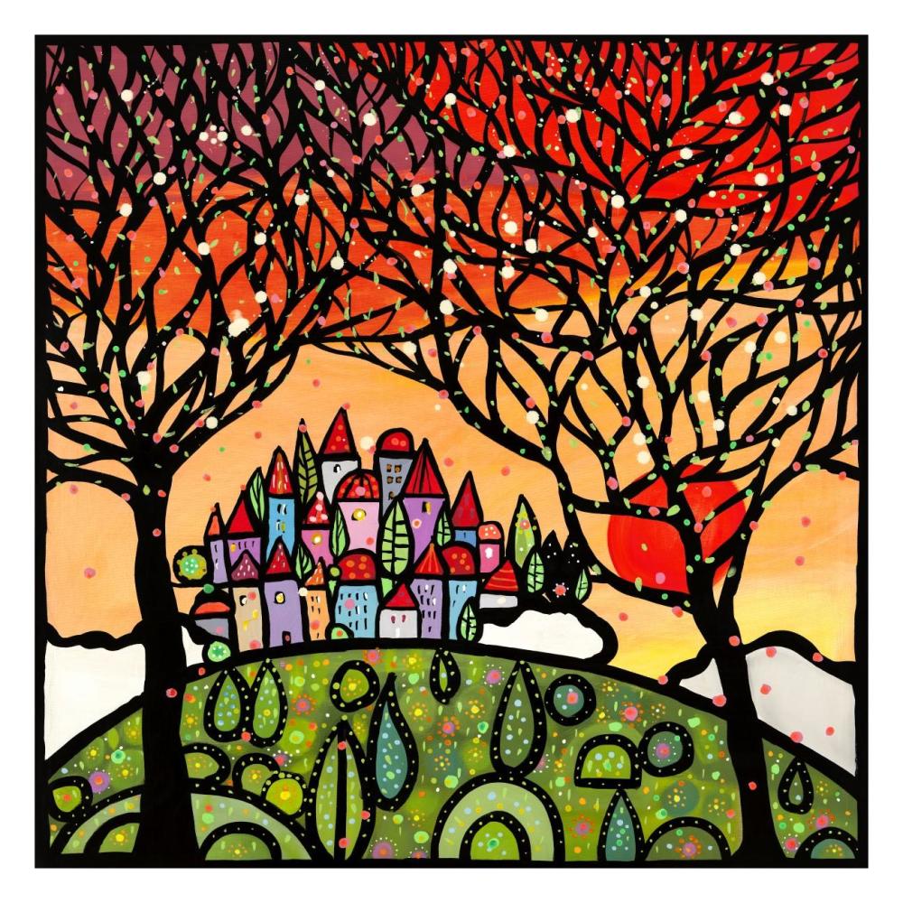 Gli alberi guardano il paese al tramonto-Paper Art-26"x26"