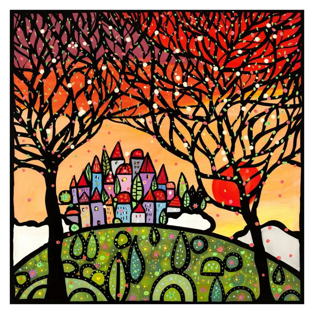 Gli alberi guardano il paese al tramonto-Paper Art-32"x32"