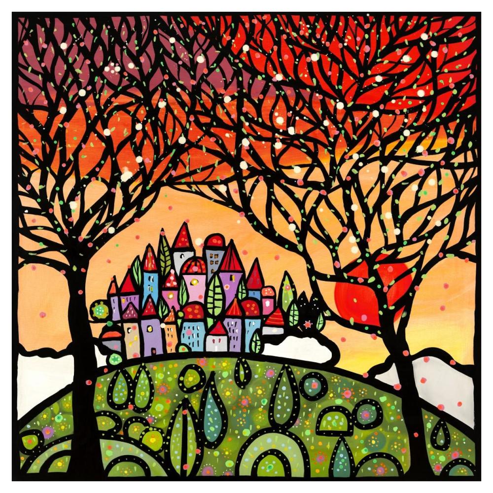 Gli alberi guardano il paese al tramonto-Paper Art-42"x42"