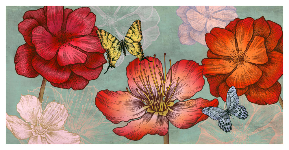 Flowers and Butterflies (Aqua)-Paper Art-50"x26"
