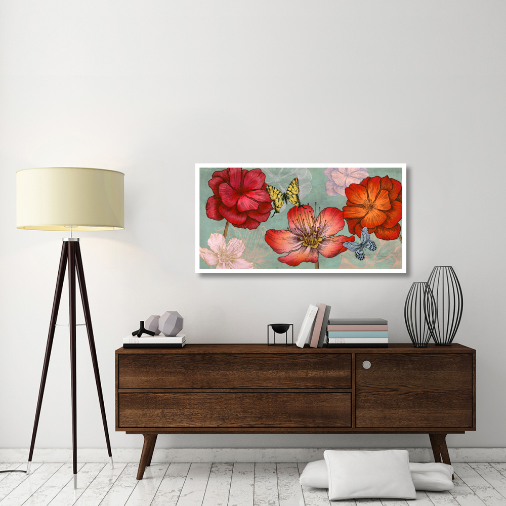 Flowers and Butterflies (Aqua)-Paper Art-50&quotx26"