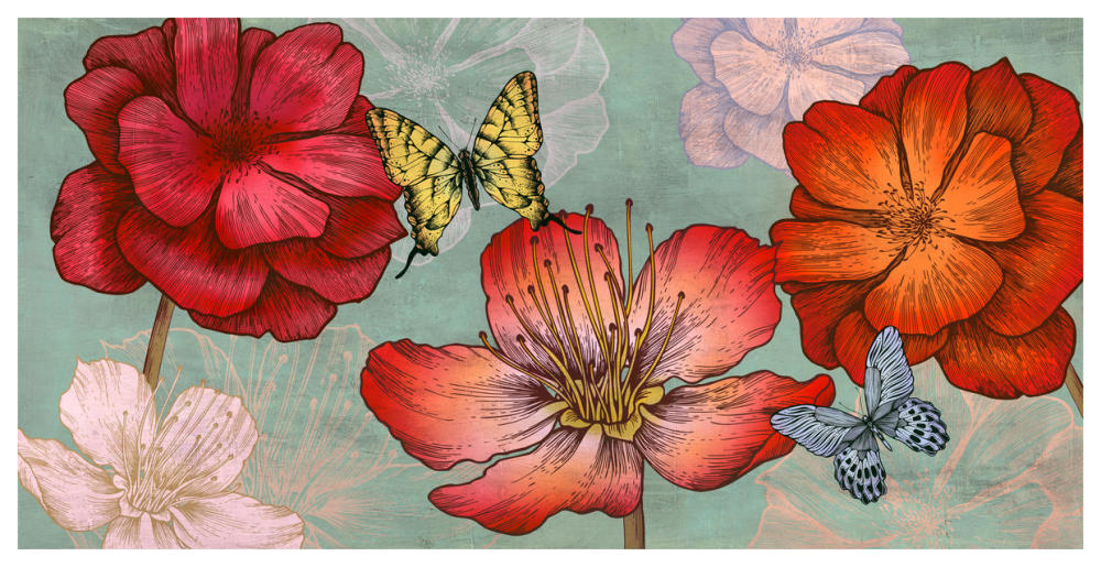 Flowers and Butterflies (Aqua)-Paper Art-62"x32"