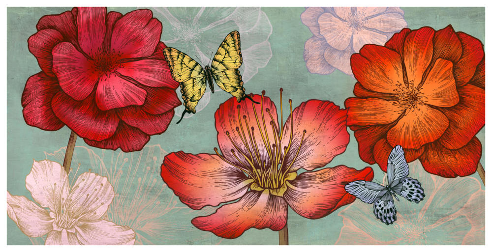 Flowers and Butterflies (Aqua)-Paper Art-74"x38"