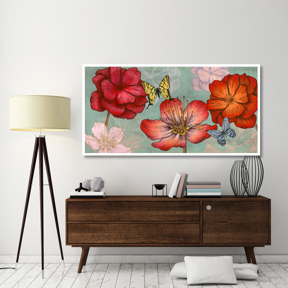 Flowers and Butterflies (Aqua)-Paper Art-74&quotx38"