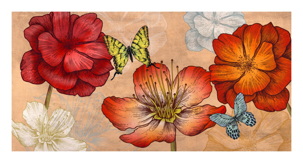 Flowers and Butterflies (Neutral)-Paper Art-26"x14"