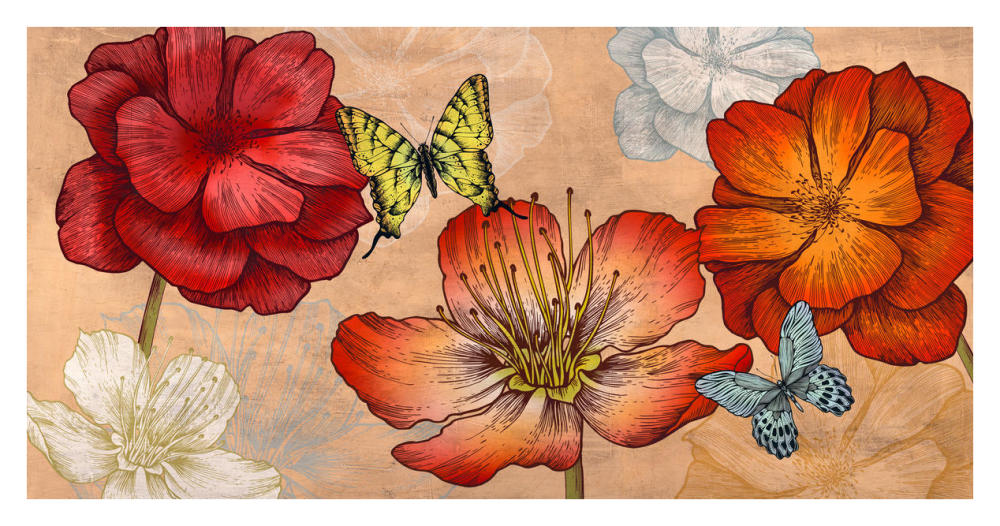 Flowers and Butterflies (Neutral)-Paper Art-38"x20"