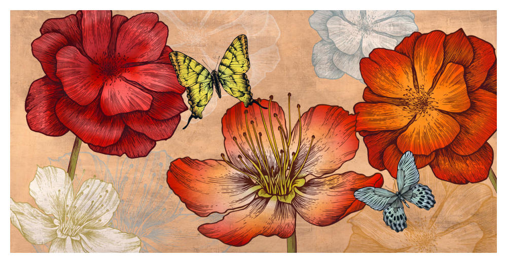 Flowers and Butterflies (Neutral)-Paper Art-50"x26"