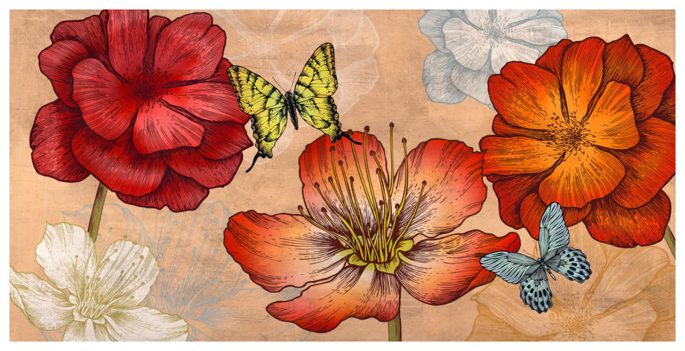 Flowers and Butterflies (Neutral)-Paper Art-74"x38"