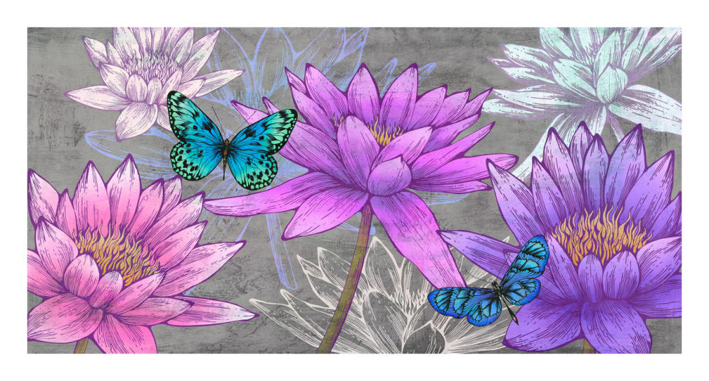 Nympheas and Butterflies (Ash)-Paper Art-26"x14"