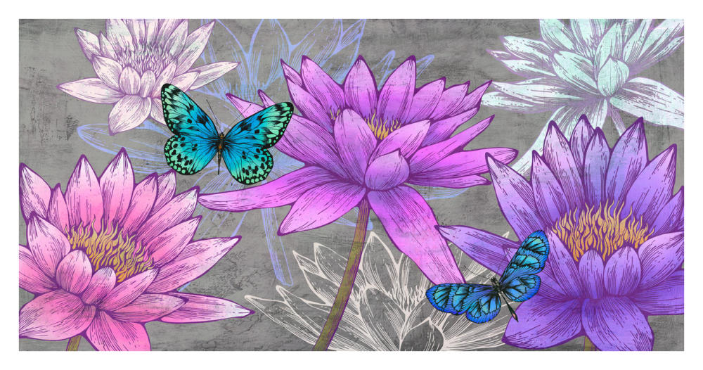 Nympheas and Butterflies (Ash)-Paper Art-38"x20"