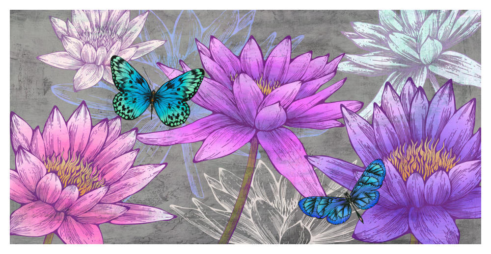Nympheas and Butterflies (Ash)-Paper Art-50"x26"