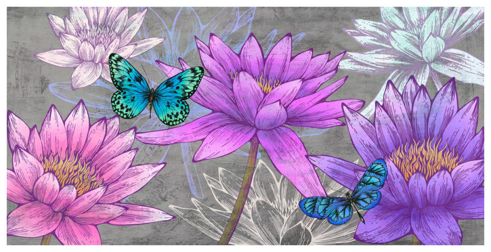 Nympheas and Butterflies (Ash)-Paper Art-74"x38"