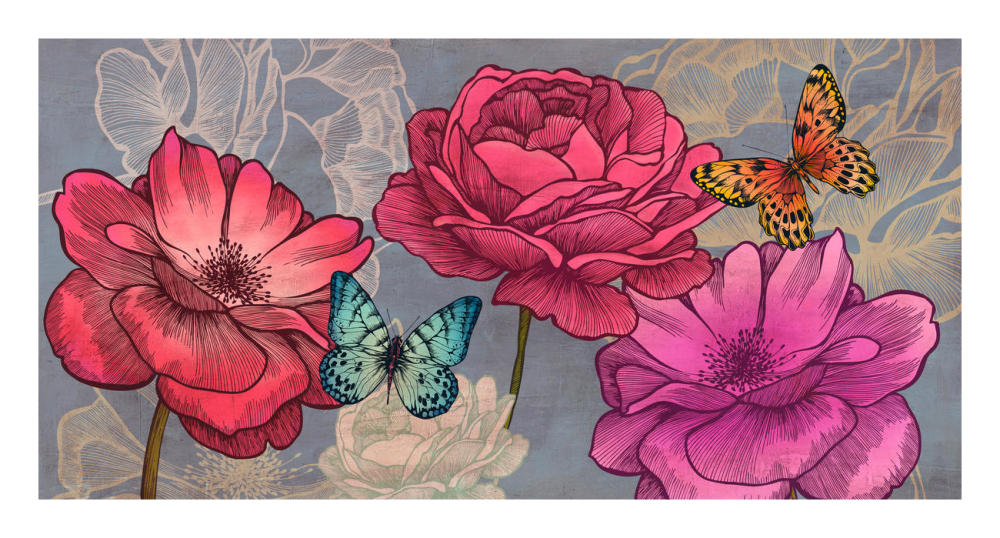 Roses and Butterflies (Ash)-Paper Art-26"x14"