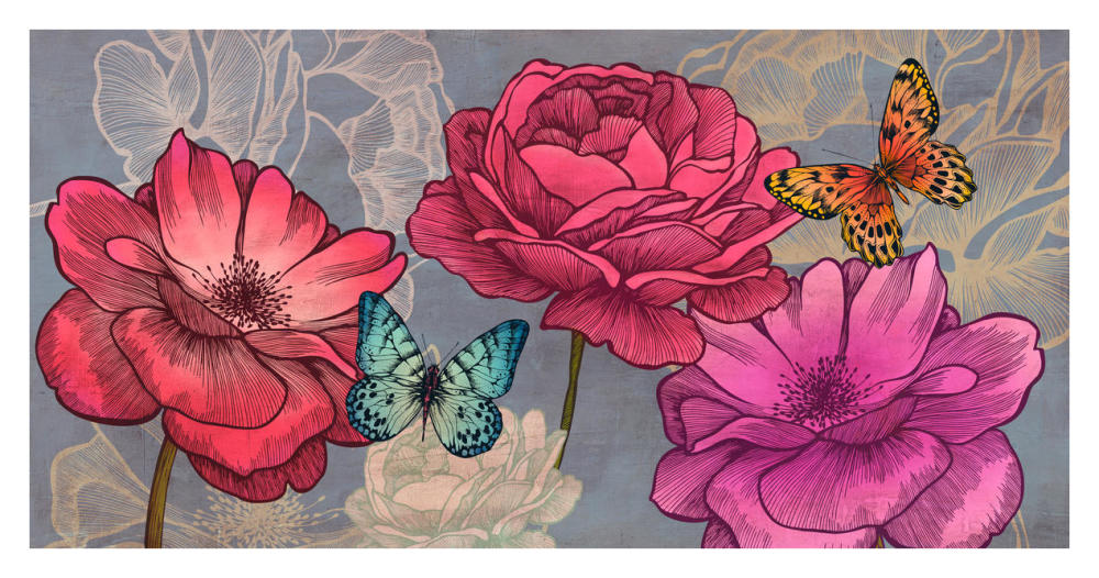 Roses and Butterflies (Ash)-Paper Art-38"x20"