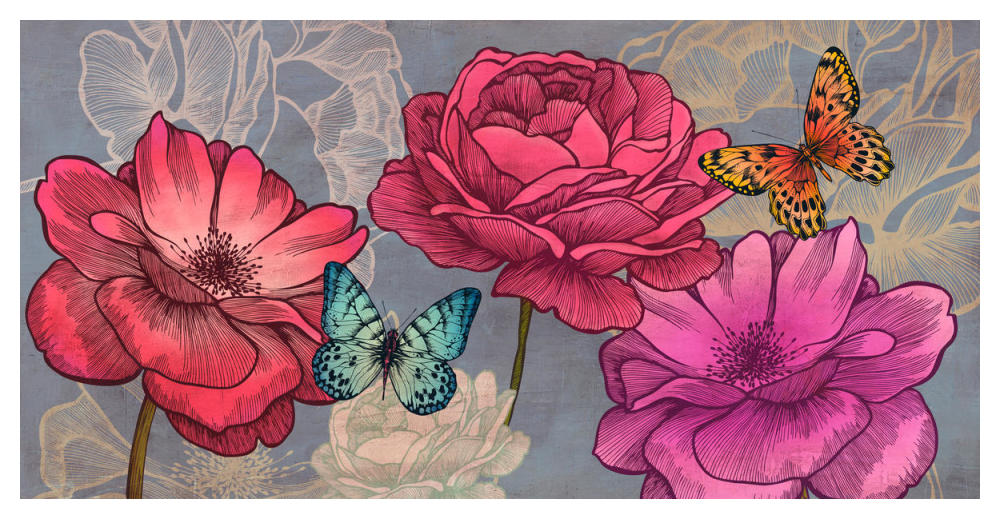 Roses and Butterflies (Ash)-Paper Art-50"x26"
