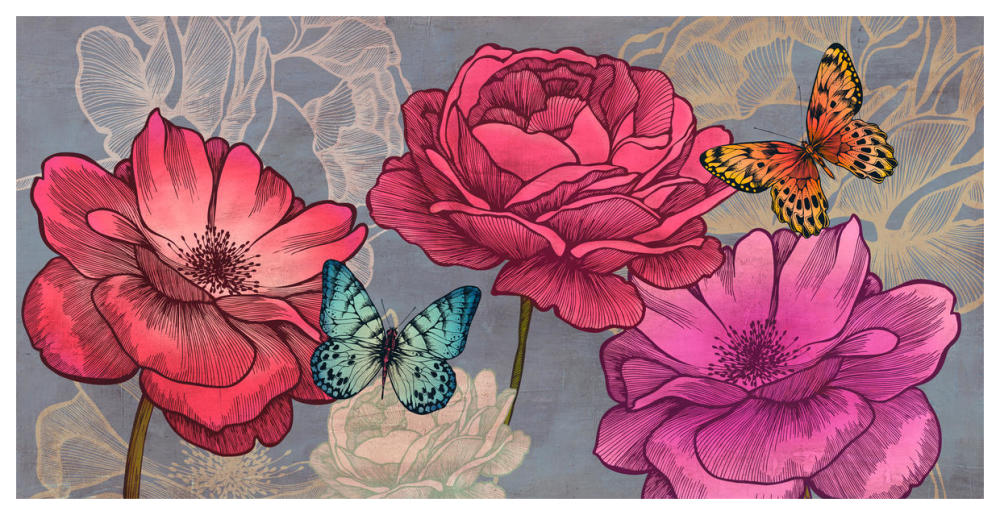 Roses and Butterflies (Ash)-Paper Art-62"x32"