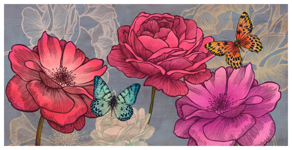 Roses and Butterflies (Ash)-Paper Art-74"x38"