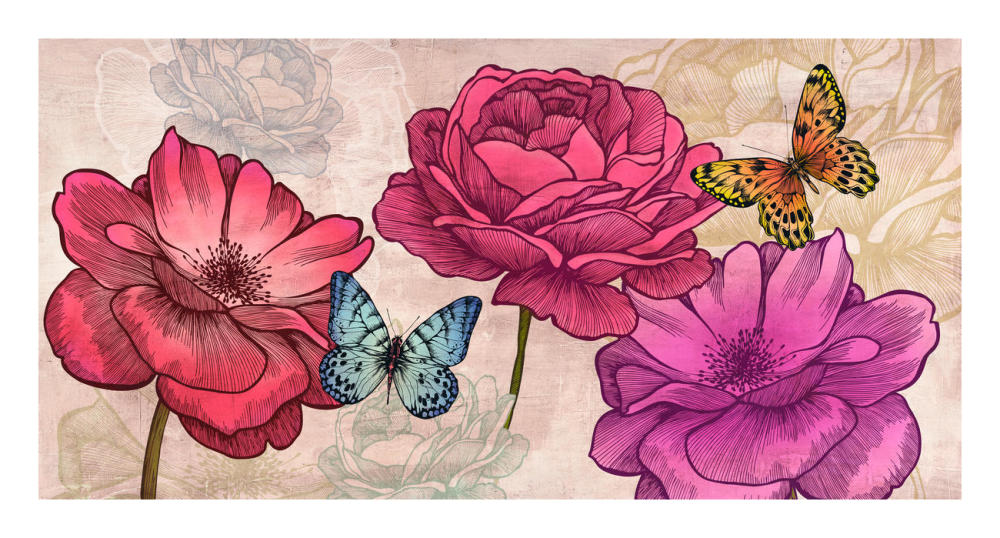 Roses and Butterflies (Neutral)-Paper Art-26"x14"