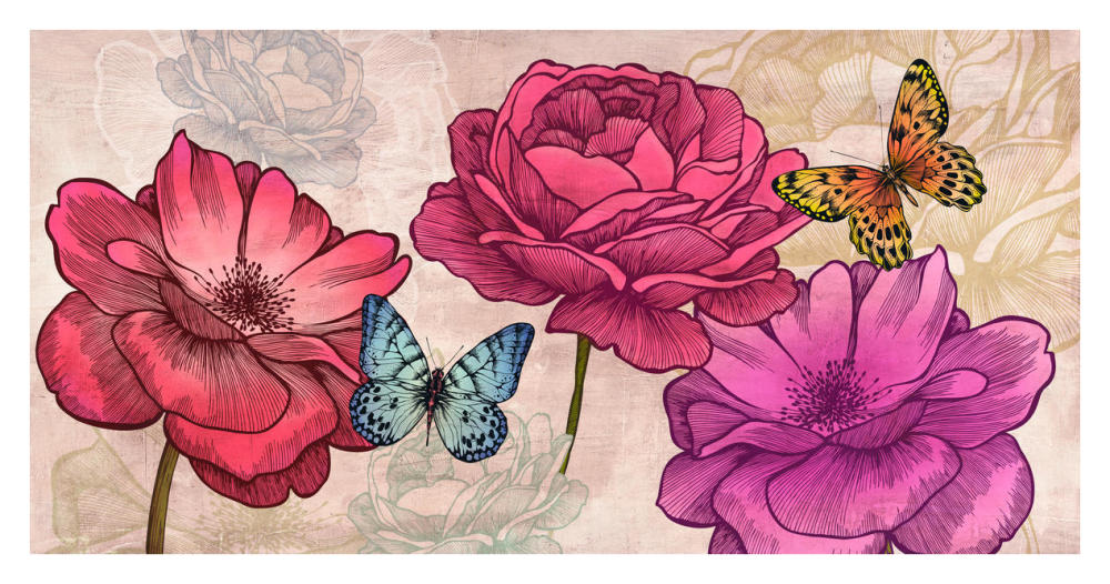 Roses and Butterflies (Neutral)-Paper Art-38"x20"