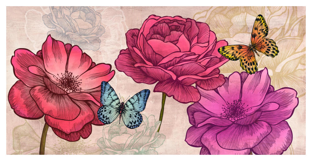 Roses and Butterflies (Neutral)-Paper Art-50"x26"