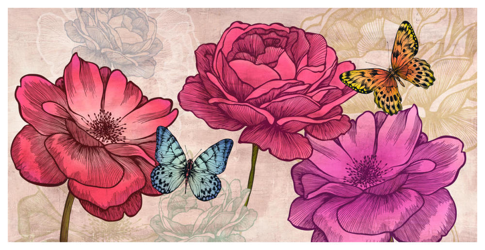 Roses and Butterflies (Neutral)-Paper Art-62"x32"