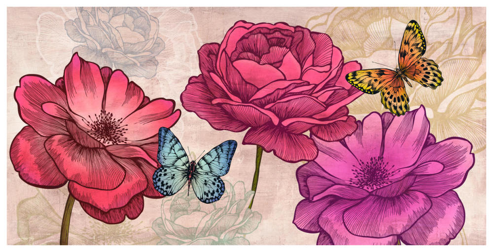 Roses and Butterflies (Neutral)-Paper Art-74"x38"