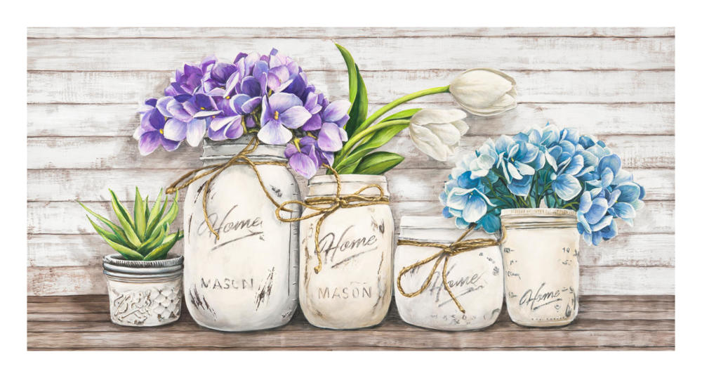 Hydrangeas in Mason Jars-Paper Art-26"x14"