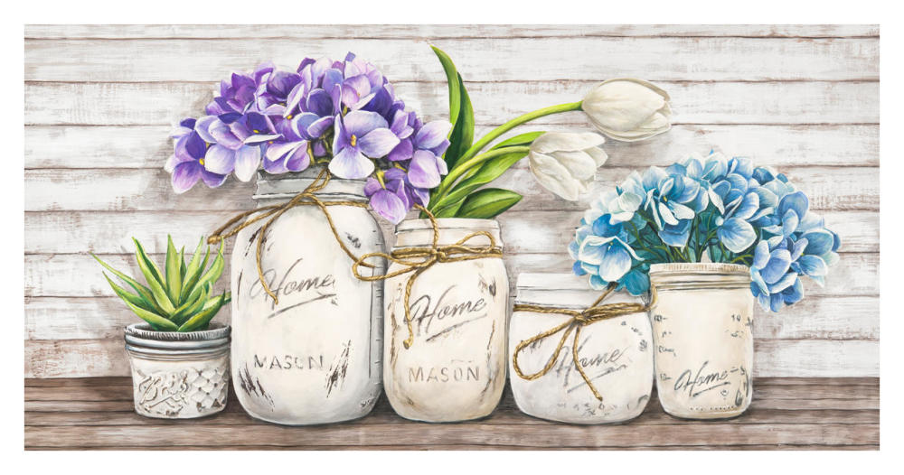 Hydrangeas in Mason Jars-Paper Art-38"x20"