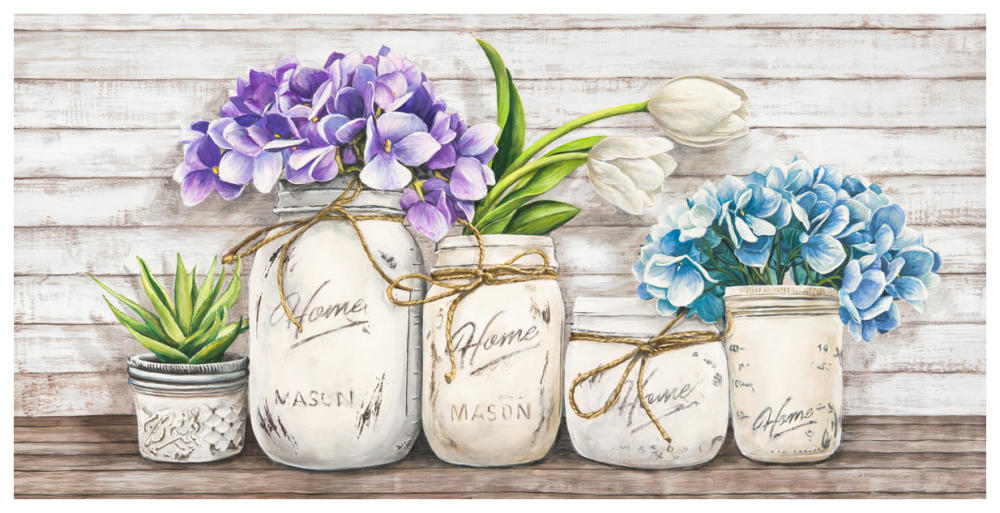 Hydrangeas in Mason Jars-Paper Art-74"x38"