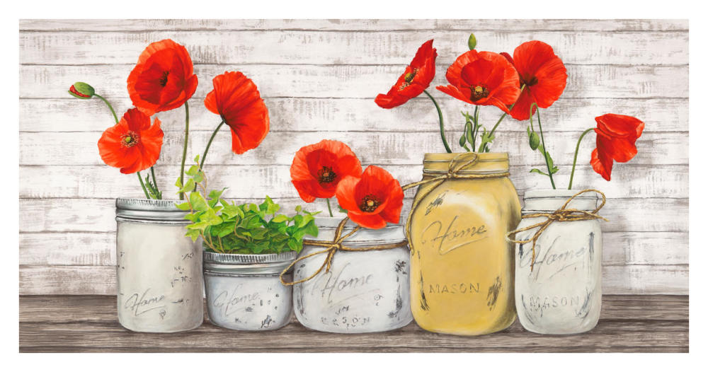Poppies in Mason Jars-Paper Art-38"x20"