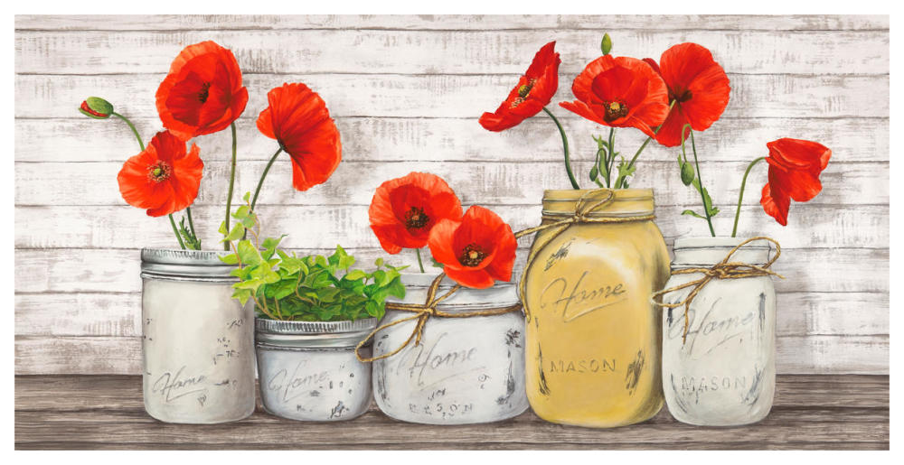 Poppies in Mason Jars-Paper Art-62"x32"
