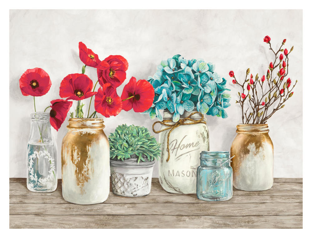Floral composition with Mason Jars-Paper Art-34"x26"