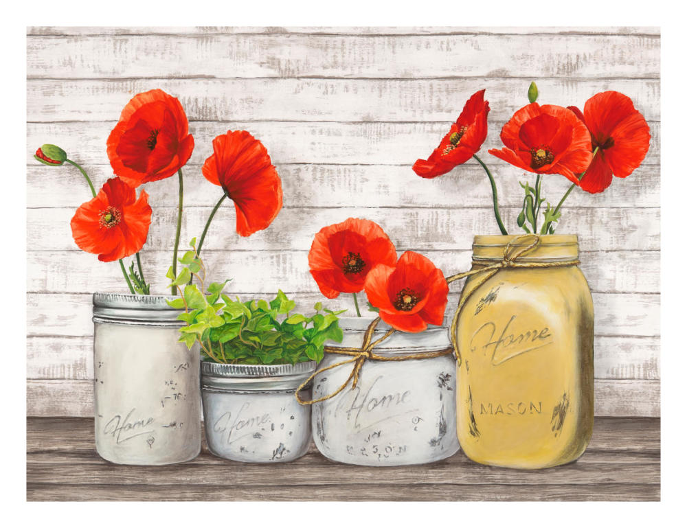 Poppies in Mason Jars (detail)-Paper Art-26"x20"