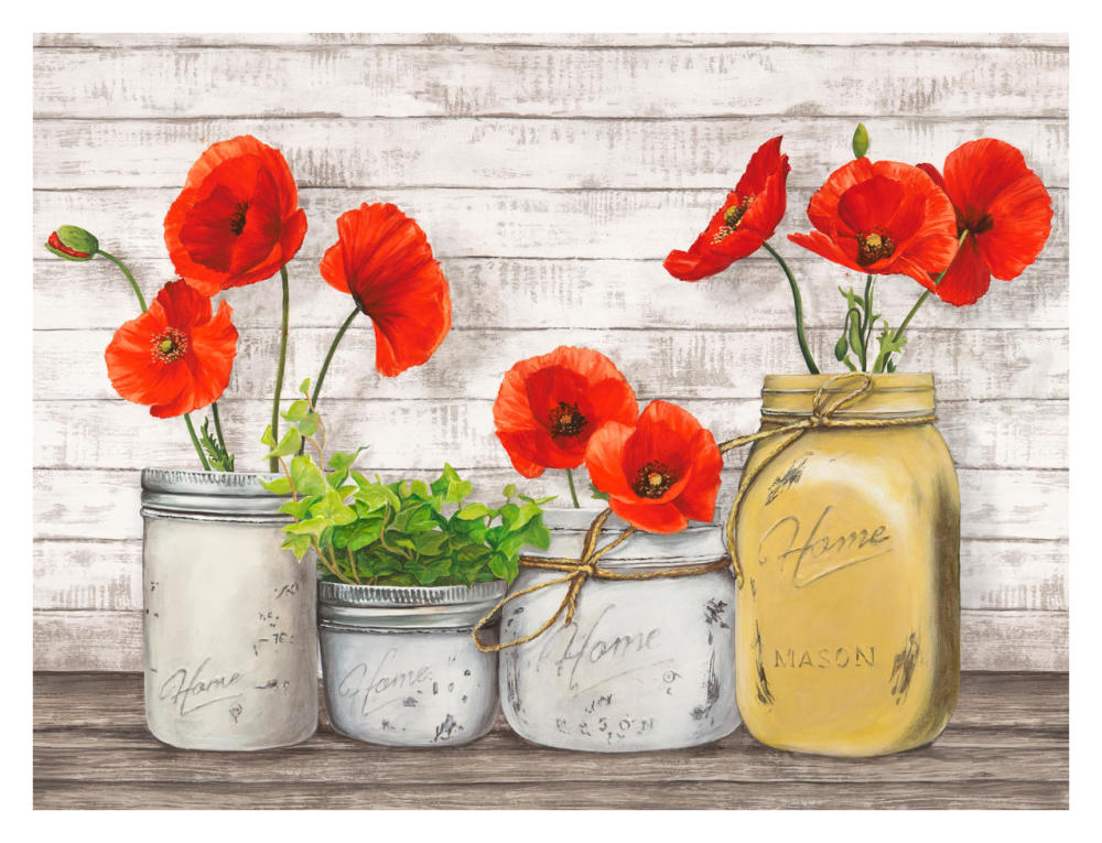 Poppies in Mason Jars (detail)-Paper Art-34"x26"