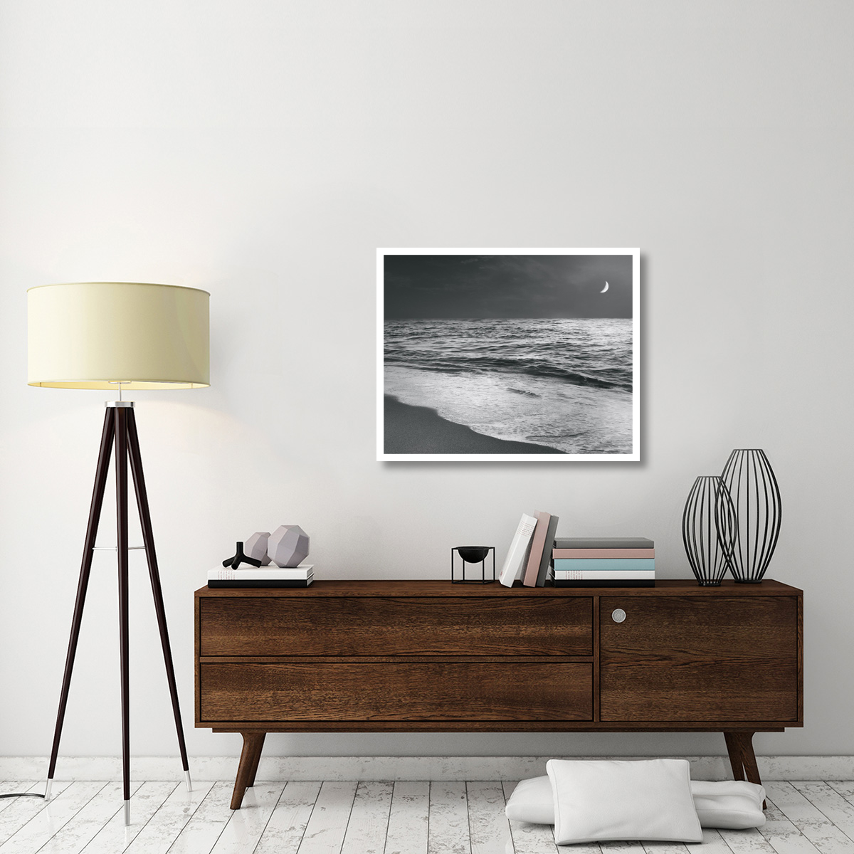 Moonrise Beach Black and White -Paper Art-37&quotx30"