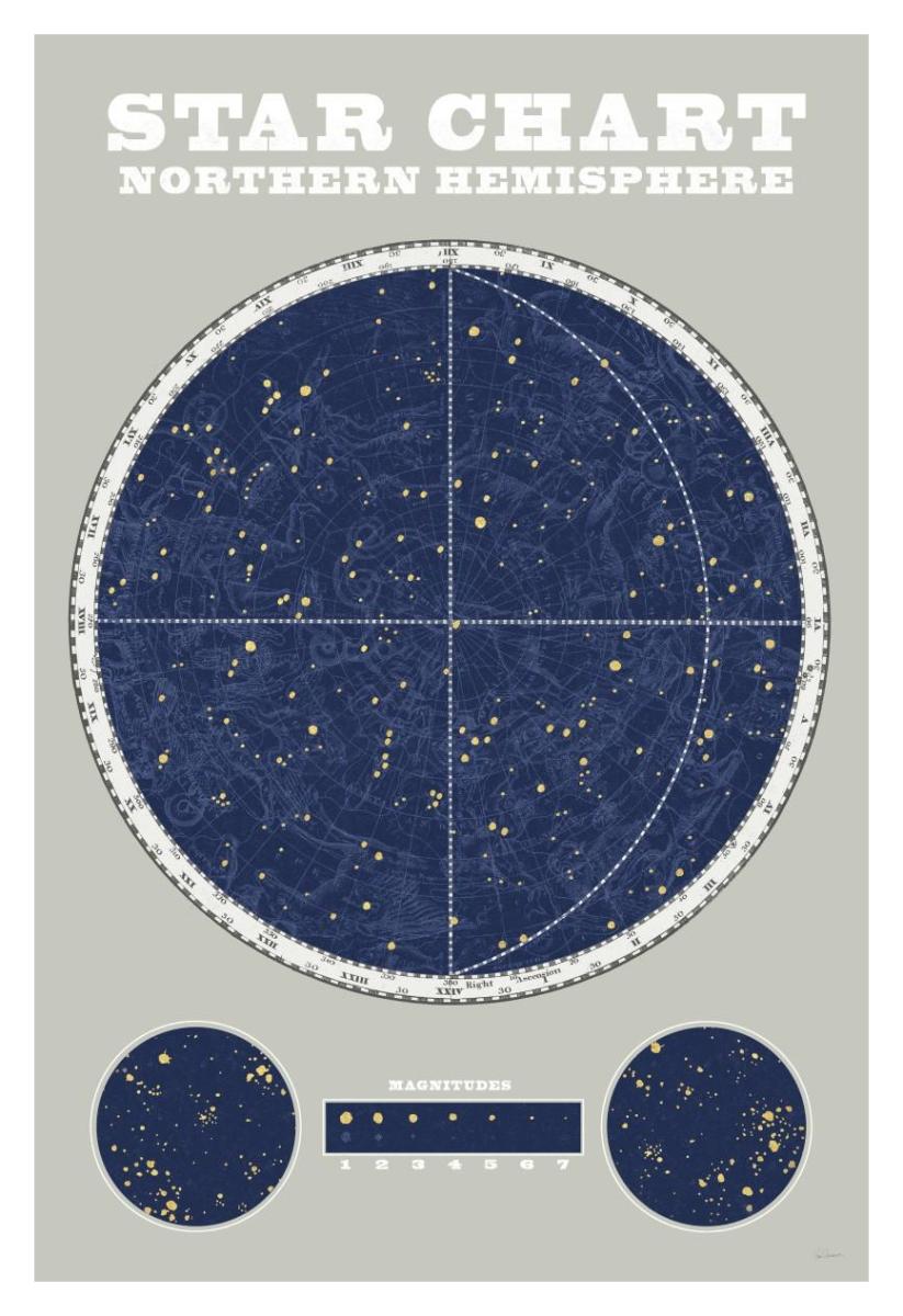 Northern Star Chart Blue Gray -Paper Art-14"x20"