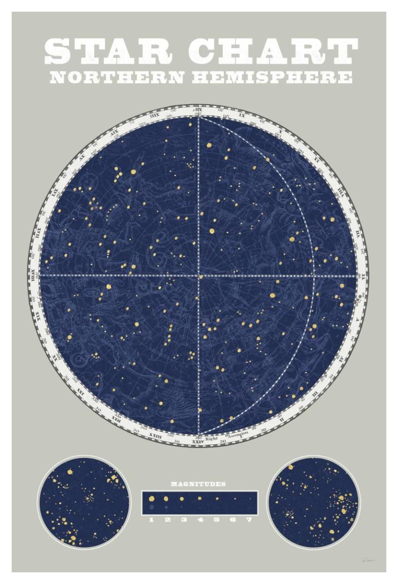 Northern Star Chart Blue Gray -Paper Art-34"x50"