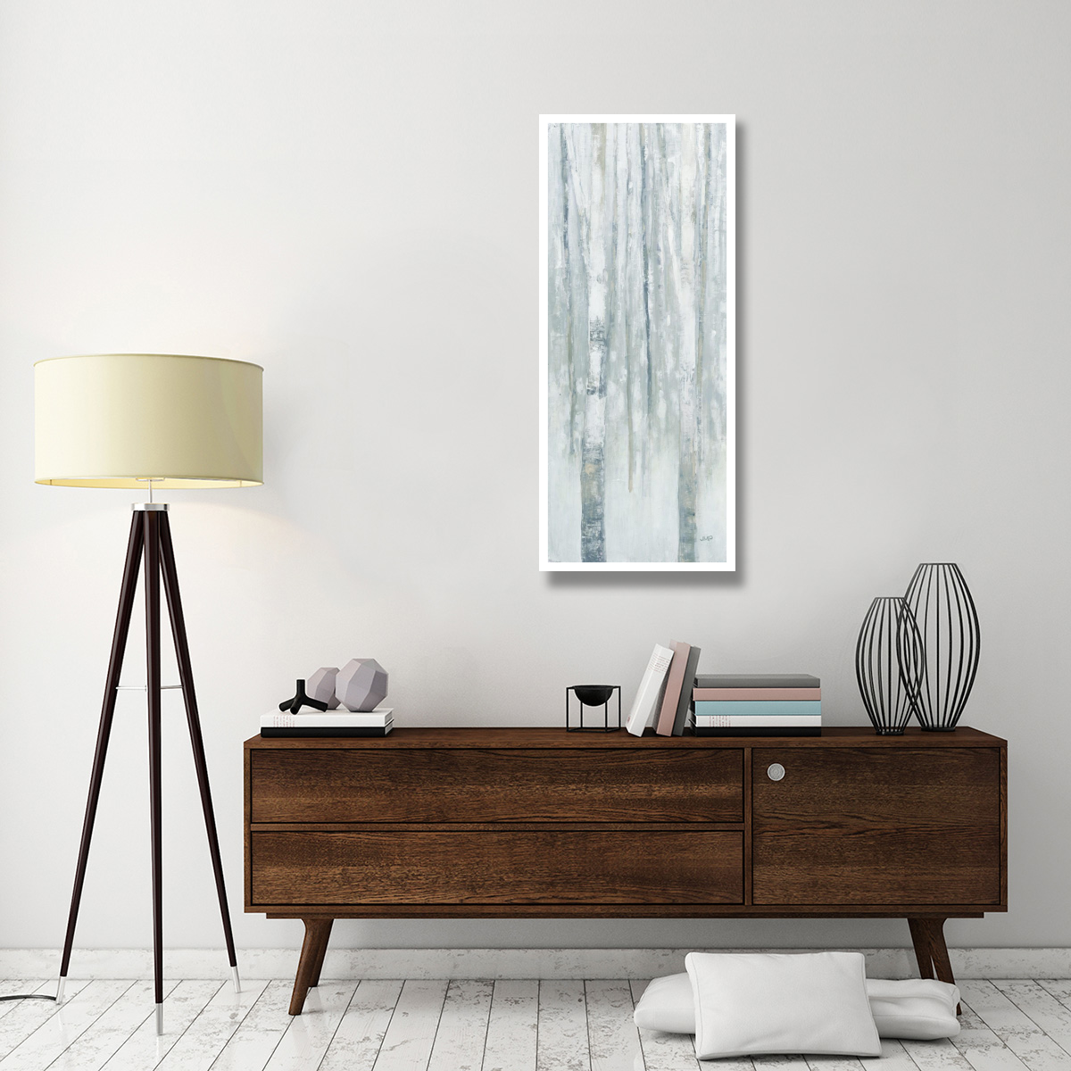 Birches in Winter Blue Gray Panel I -Paper Art-22&quotx52"
